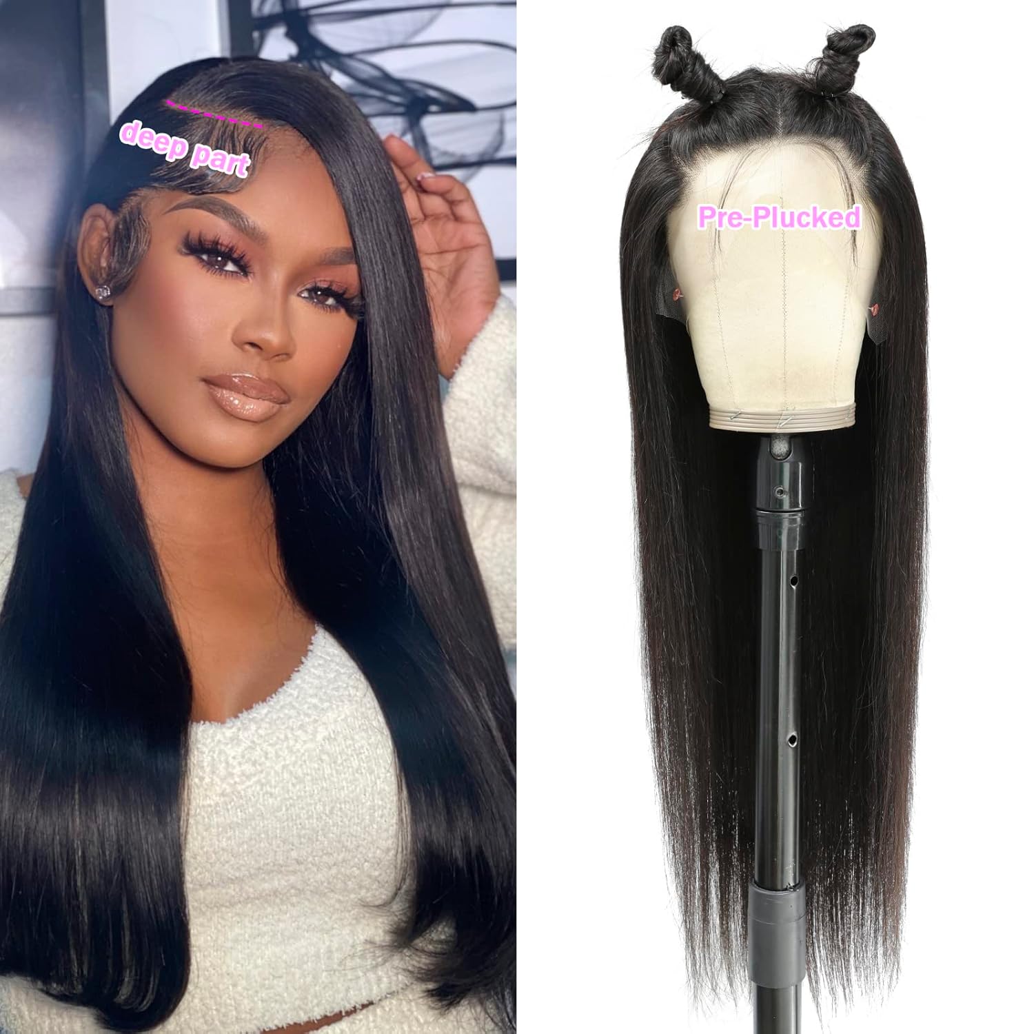 TTSMINS 13x6 Lace Front Wigs Human Hair Pre Plucked 180 Density 24 Inch Straight Lace Front Wigs HD Lace Frontal Wigs for Women Natural Black with Baby Hair Glueless Wigs