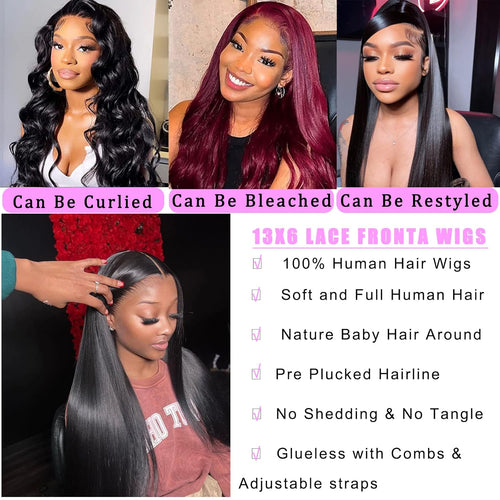 TTSMINS 13x6 Lace Front Wigs Human Hair Pre Plucked 180 Density 24 Inch Straight Lace Front Wigs HD Lace Frontal Wigs for Women Natural Black with Baby Hair Glueless Wigs